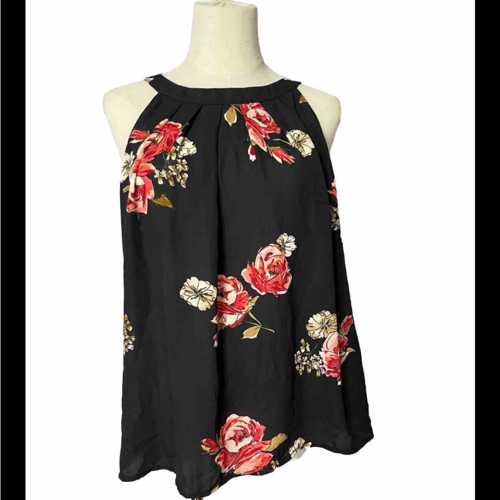 Ninewest Women’s Large Floral Print Halter Blouse Sleeveless Shirt Black/Red